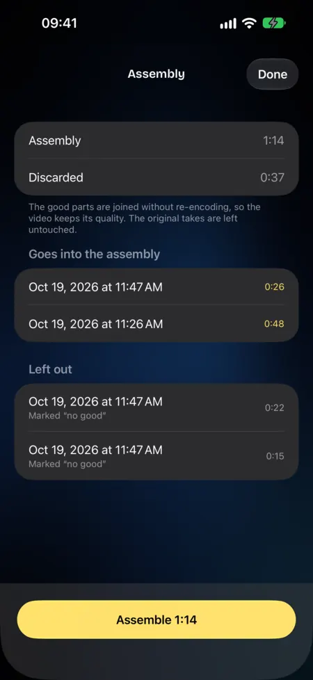 Assembly screen: two segments go into the assembly and two are left out, marked “No good”, with the Assemble 1:14 button.