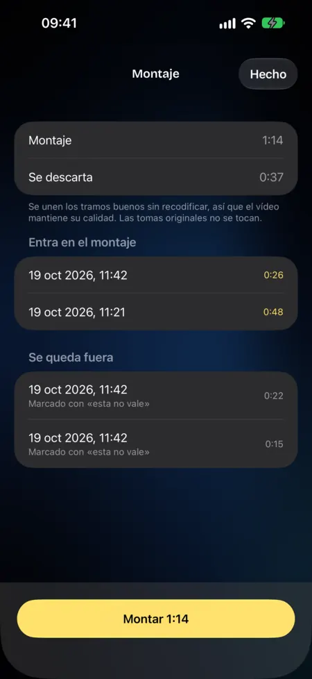 Pantalla de montaje: dos tramos entran en el montaje y dos se quedan fuera, marcados con «esta no vale», con el botón Montar 1:14.