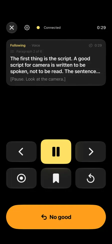 Connected remote screen: current paragraph, buttons for previous, pause, next, record, marker, start over and the No good button.