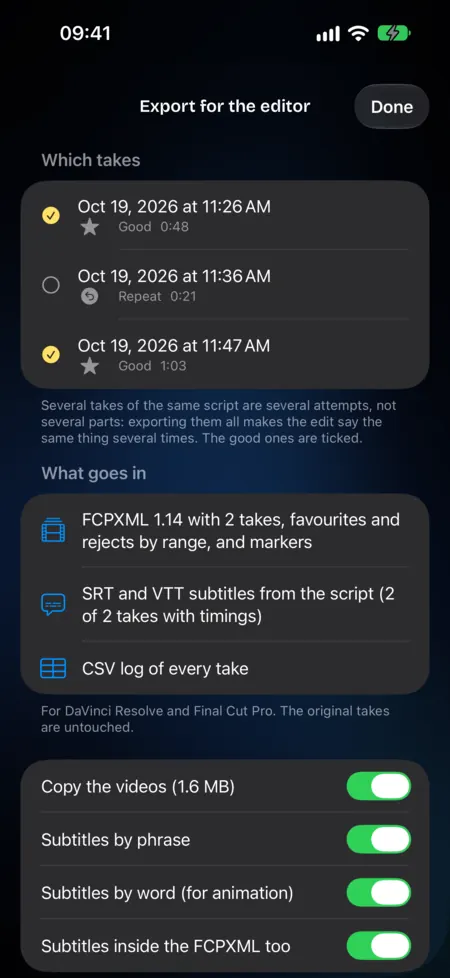 Export for editors sheet: take selection, FCPXML with favorites and rejects, SRT and VTT subtitles and a CSV log.