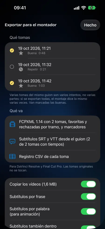 Hoja Exportar para el montador: selección de tomas, FCPXML con favoritas y rechazadas, subtítulos SRT y VTT y registro CSV.